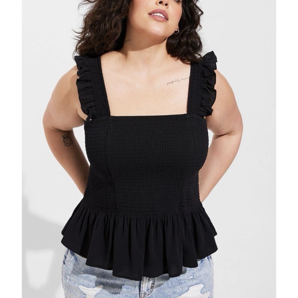 Torrid Black Tank Top Stretch Ruffles Crinkle Smocked Peplum Plus Size 3 NEW Tag